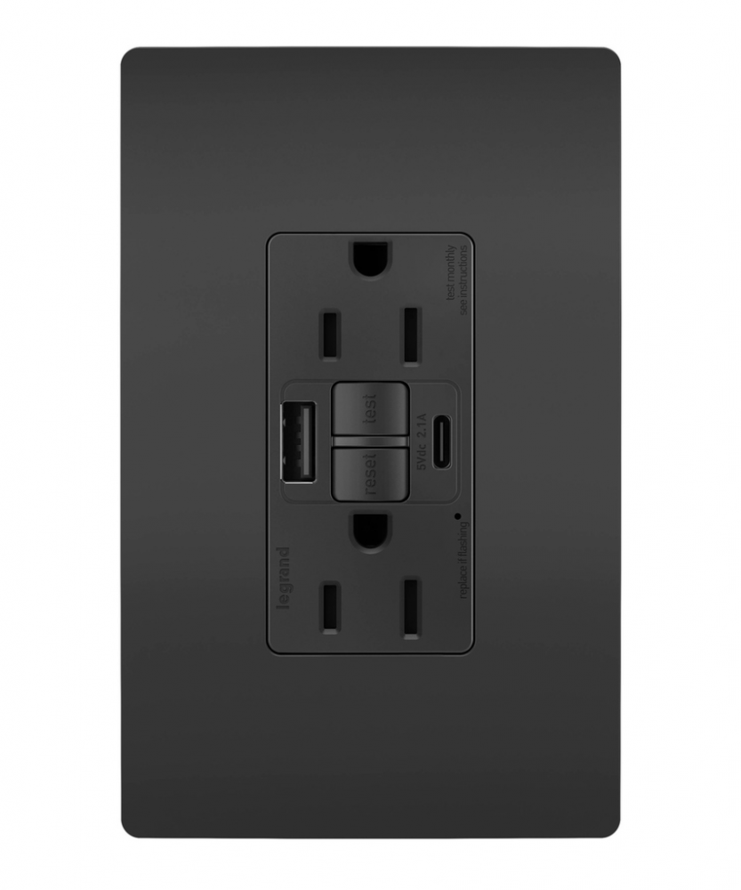 radiant Tamper-Resistant 15A Duplex Self-Test GFCI Receptacles wt SafeLock Protection, USB Type