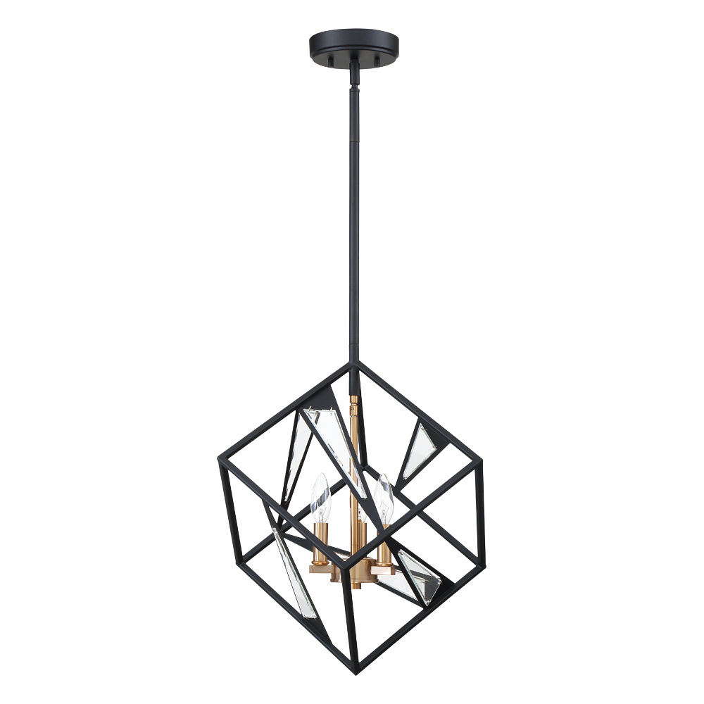 3 LT Geometric Open Frame Pendant w/ Black Finish w/ Gold & Clear Glass Accents