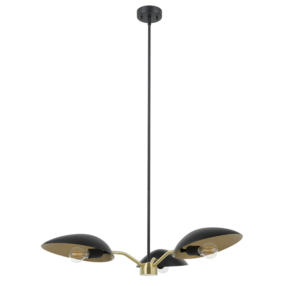 3 LT Chandelier Black Finish w/ Brushed Brass Accents & Black Metal Shades