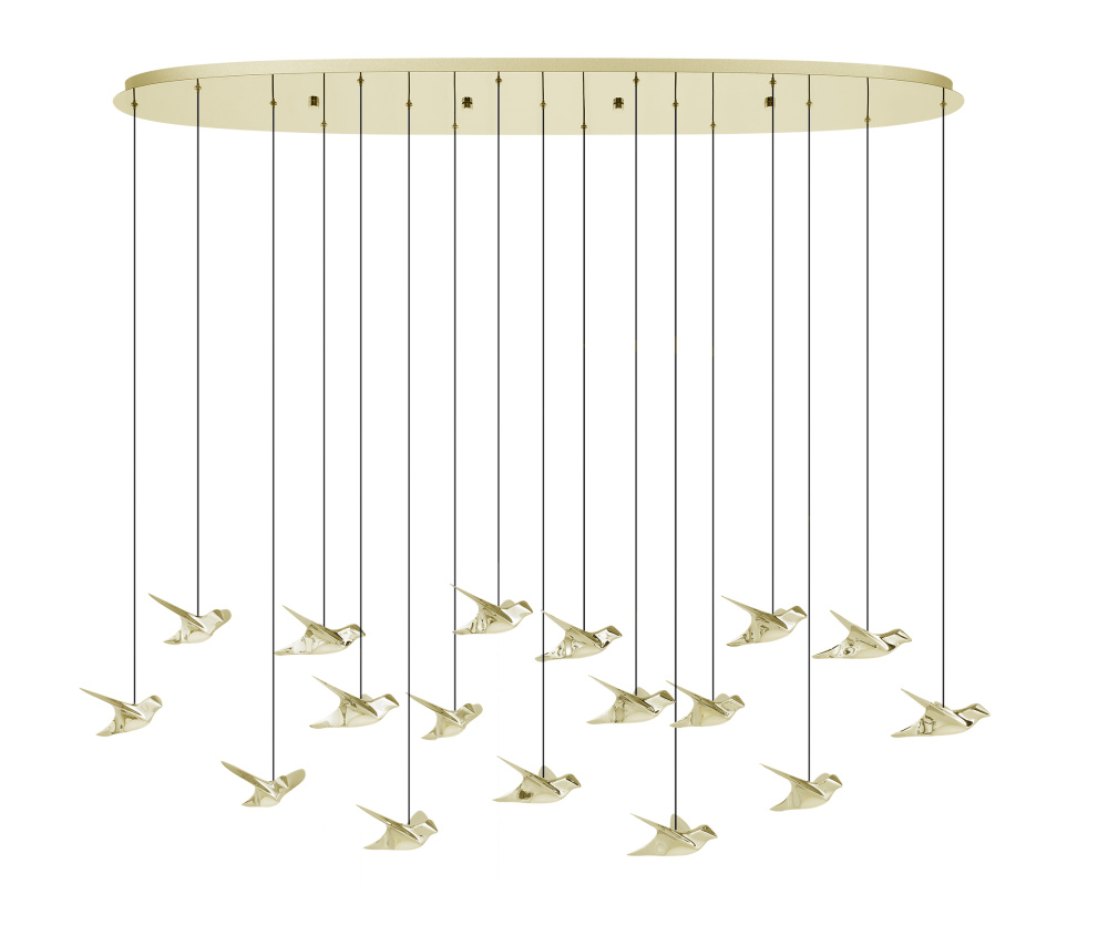 17 LT LED Linear Pendant w/ Brass Finish & Gold Bird Shaped Shades w/ Acrylic Diffusers