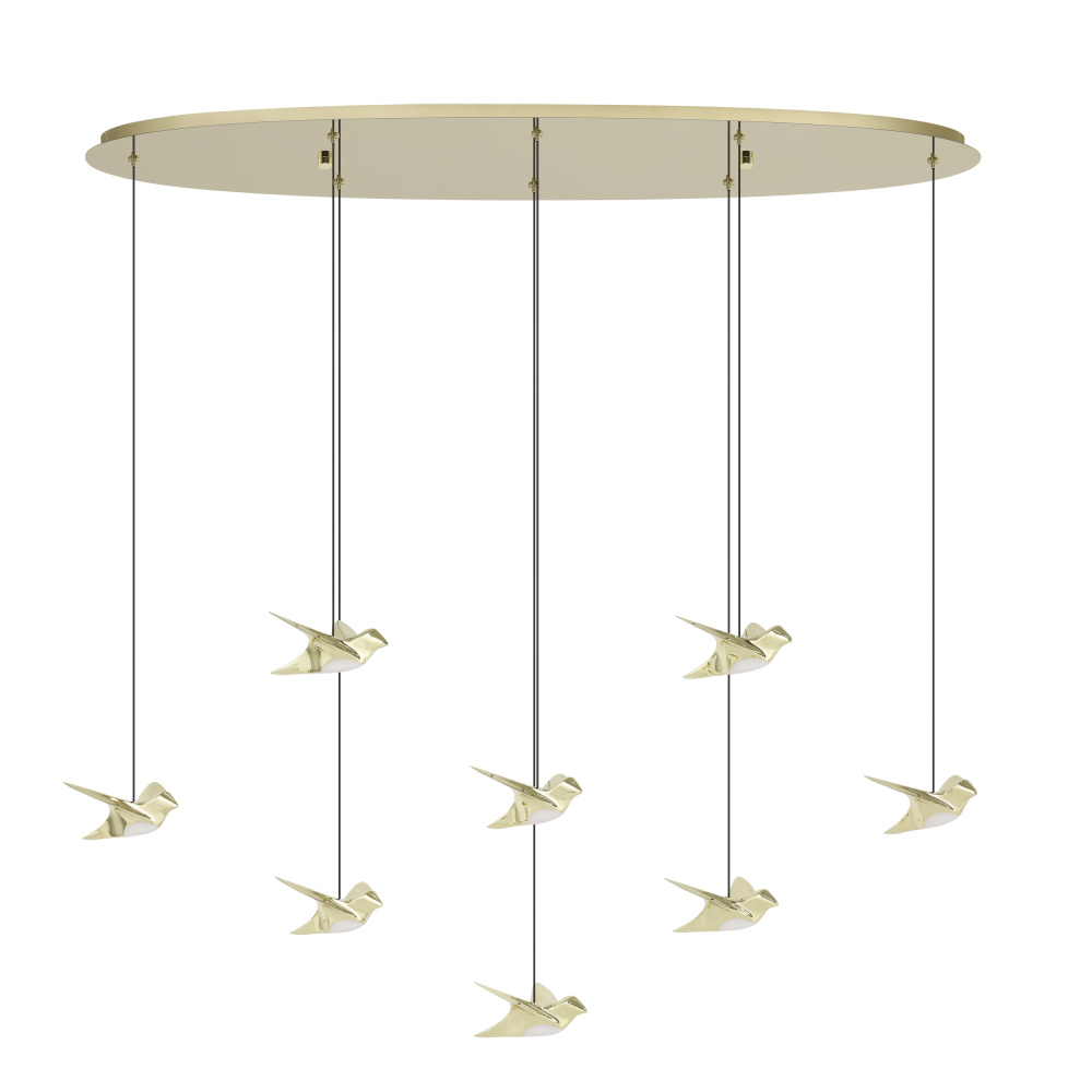 8 LT LED Oval Pendant w/ Brass Finish & Gold Bird Shaped Shades w/ Acrylic Diffusers